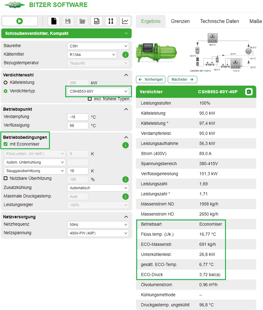 Auswahl des Flüssigkeitsunterkühlers in der BITZER SOFTWARE