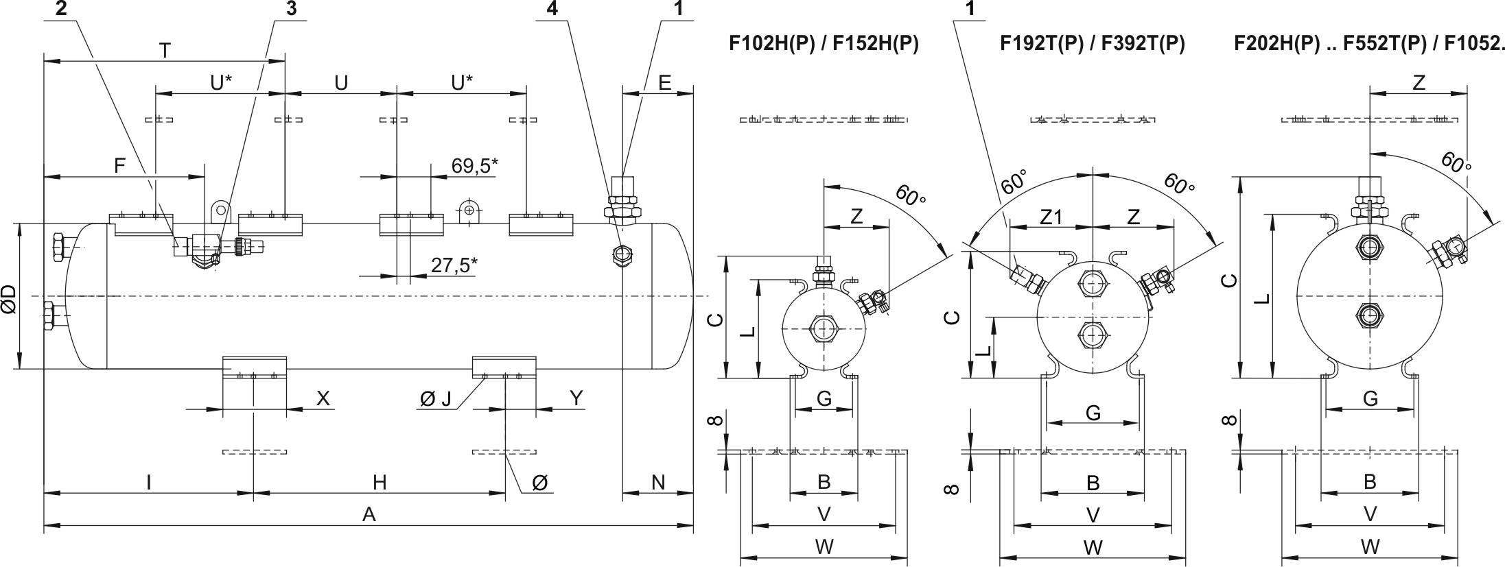 Dimensions: Horizontal liquid receivers