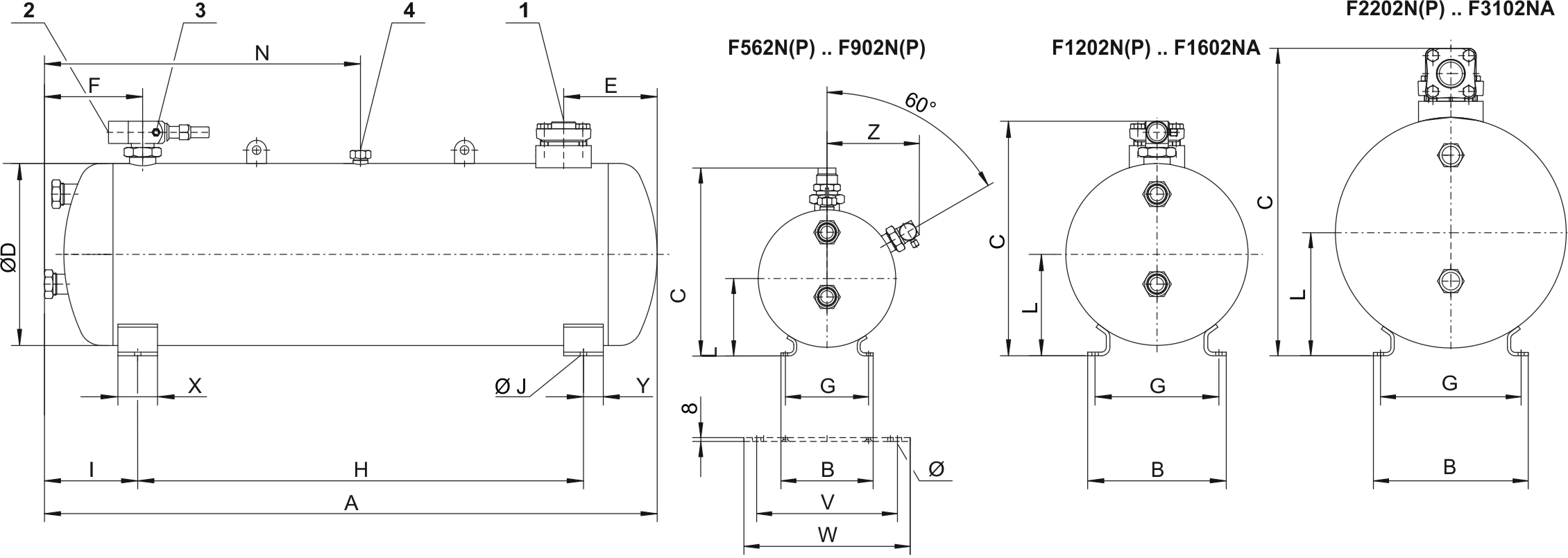 Dimensions: Horizontal liquid receivers