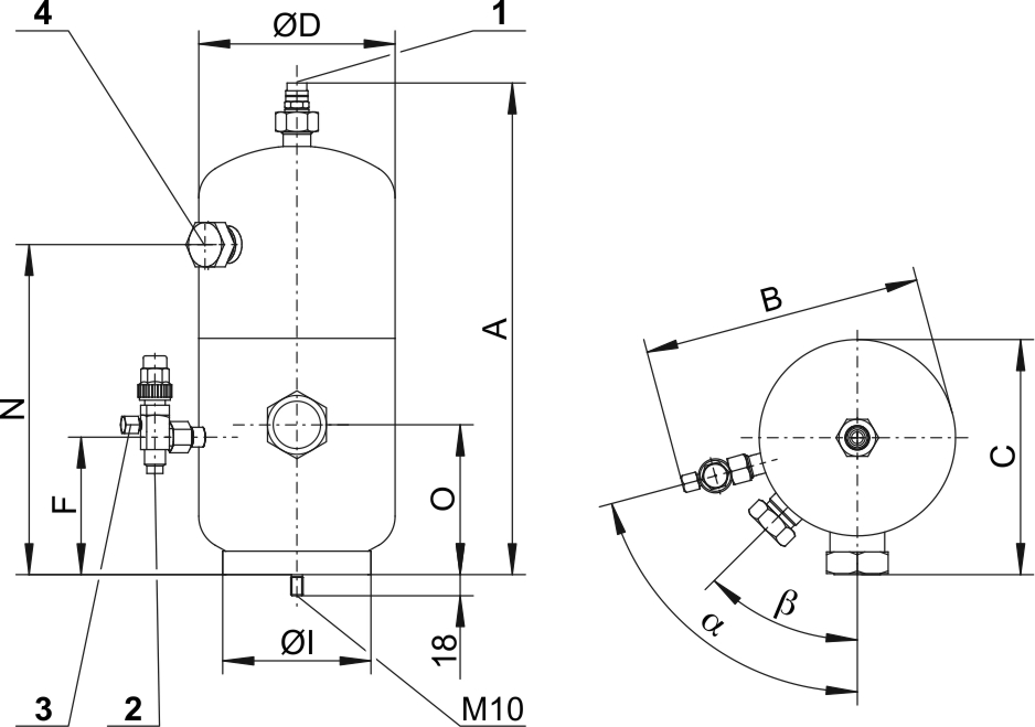 Dimensions: Vertical liquid receivers