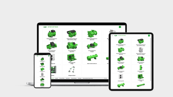 Laptop, Tablet und Handy showing BITZER Software on the display