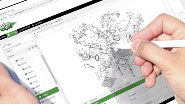 Tablet displaying an explosion view drawing in the ePARTS Software